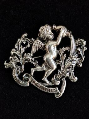 Vintage Cini Sterling Silver Aquarius Cherub Zodiac Brooch Pin Signed